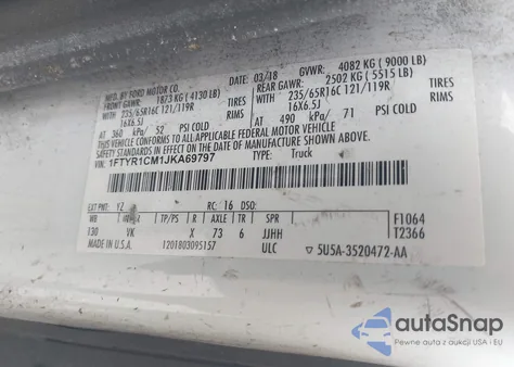 2018 Ford Transit-250 z USA, uszkodzony, nr VIN 1FTYR1CM1JKA69797